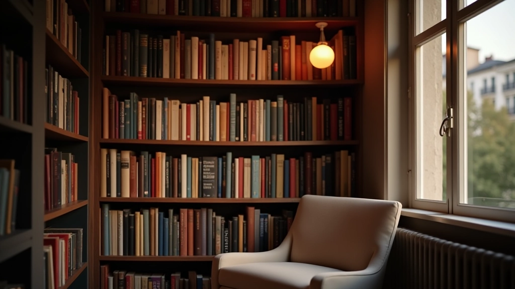 Bibliothèque avec des livres variés, atmosphère accueillante et inspirante pour la lecture