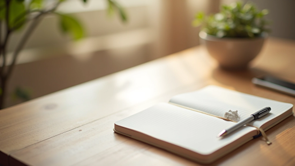 Carnet papier et stylo sur un bureau minimaliste avec café chaud, lumière naturelle du matin