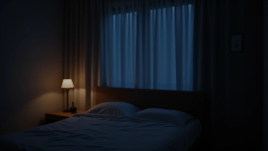 Chambre bien organisée avec stores fermés, température contrôlée, environnement calme et sombre pour dormir