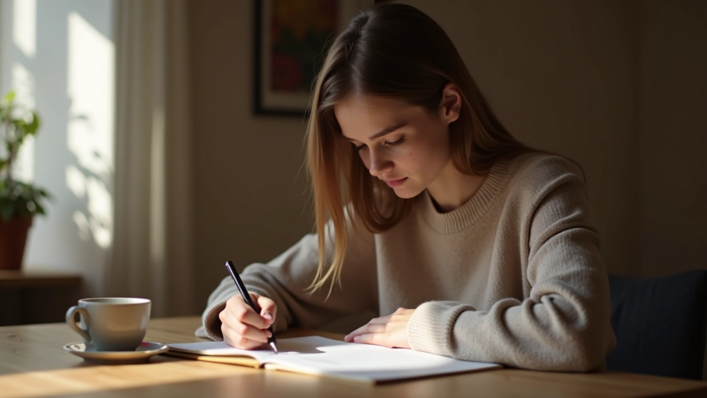 Personne tenant un carnet et un crayon, écrivant dans un journal dans un environnement calme avec thé chaud