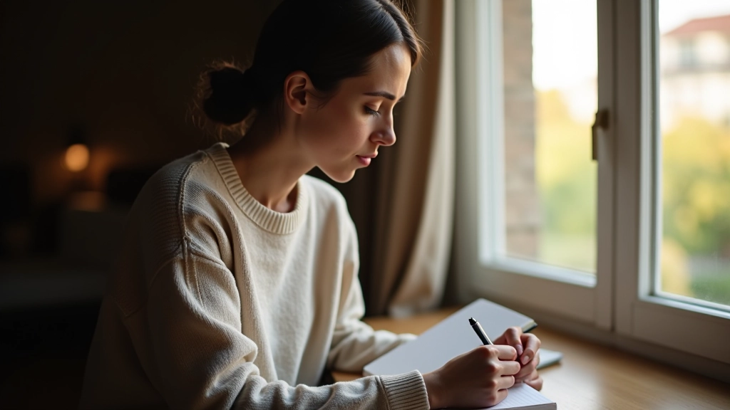 Personne écrivant ses réflexions dans un carnet, assis près d'une fenêtre avec lumière naturelle