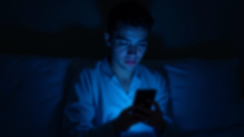Personne regardant son téléphone tard le soir, lumière bleue éclairant le visage, chambre sombre