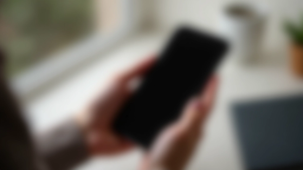 Personne tenant un téléphone avec écran noir dans un environnement calme et minimaliste