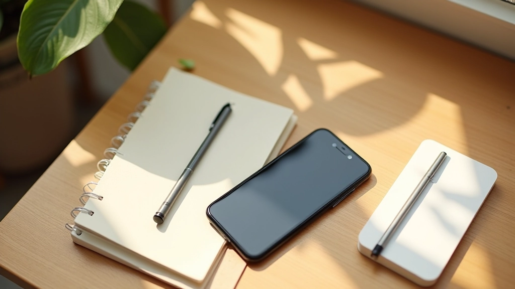 Smartphone sur un bureau avec applications de bien-être visible, environnement calme et minimaliste