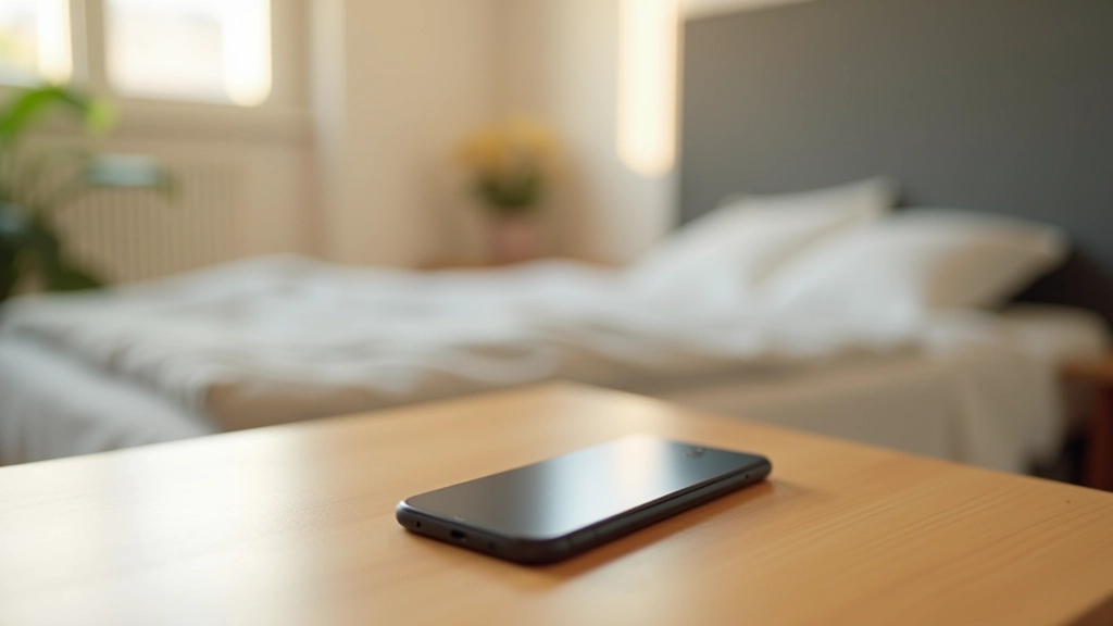 Téléphone posé sur un bureau loin du lit, chambre organisée et rangée, lumière naturelle douce