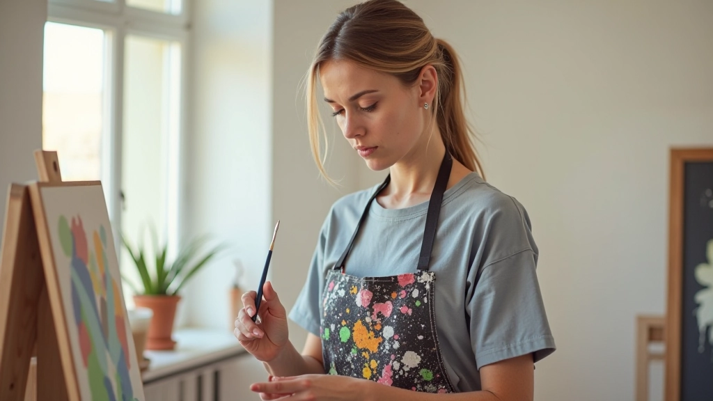 Personne peinte en train de créer une œuvre d'art dans un studio lumineux, pinceau à la main, toile colorée
