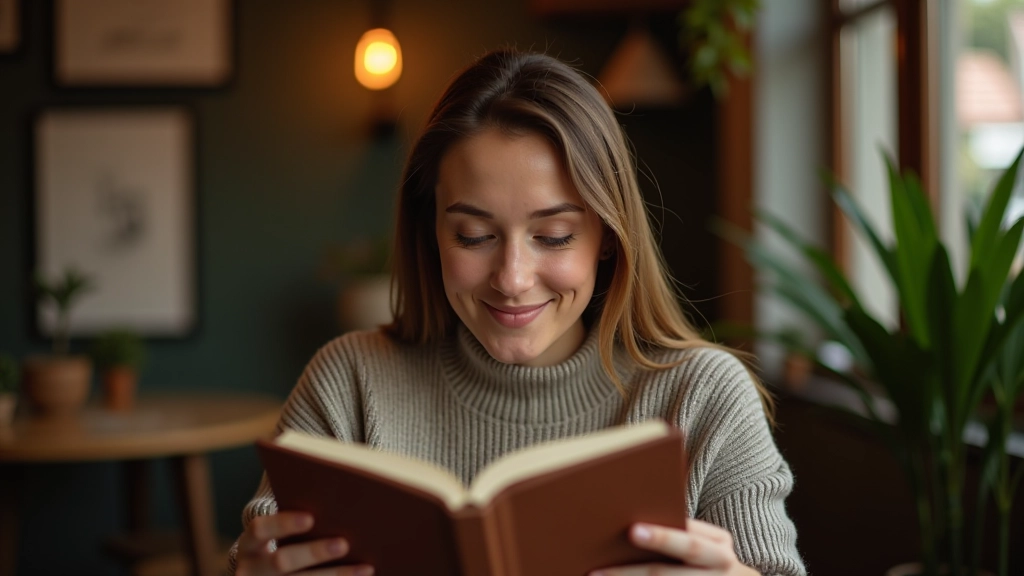 Personne lisant un livre physique dans un café, environnement chaleureux avec plantes