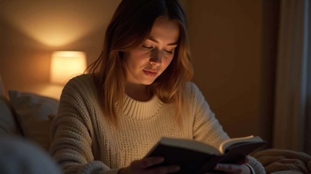Personne lisant un livre papier dans une chambre confortable avec lampe de lecture chaude, ambiance apaisante